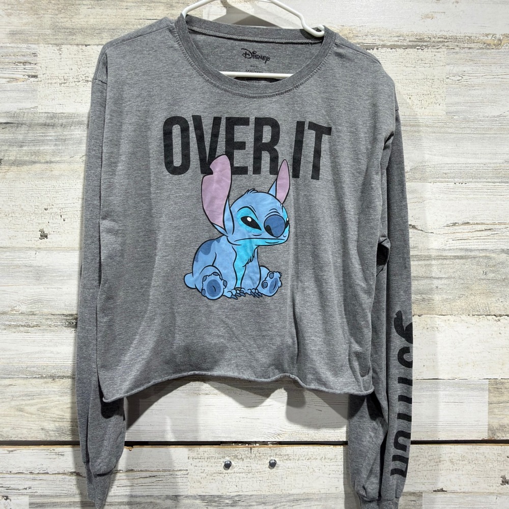 Disney Stitch Long Sleeve Top Women 3XL Gray Over It Graphic Crop GUC*